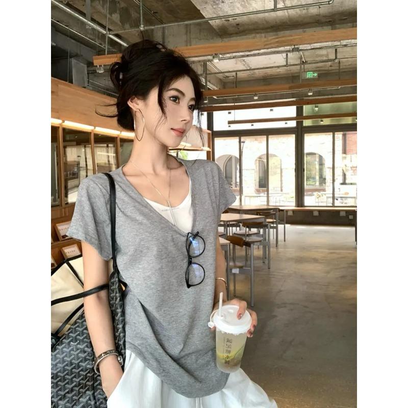 Spring Summer Women Fake Two Piece T Shirt Deep V Neck Contrast Color Snowflake Cotton Casual Slim Fit Short Sleeve Tee Tops