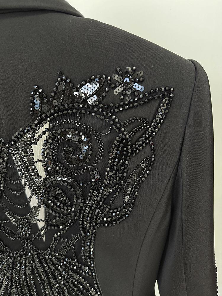 Available: Spring 2026 Fashion Mesh & Beaded Suit Jacket with Chiffon Trousers.