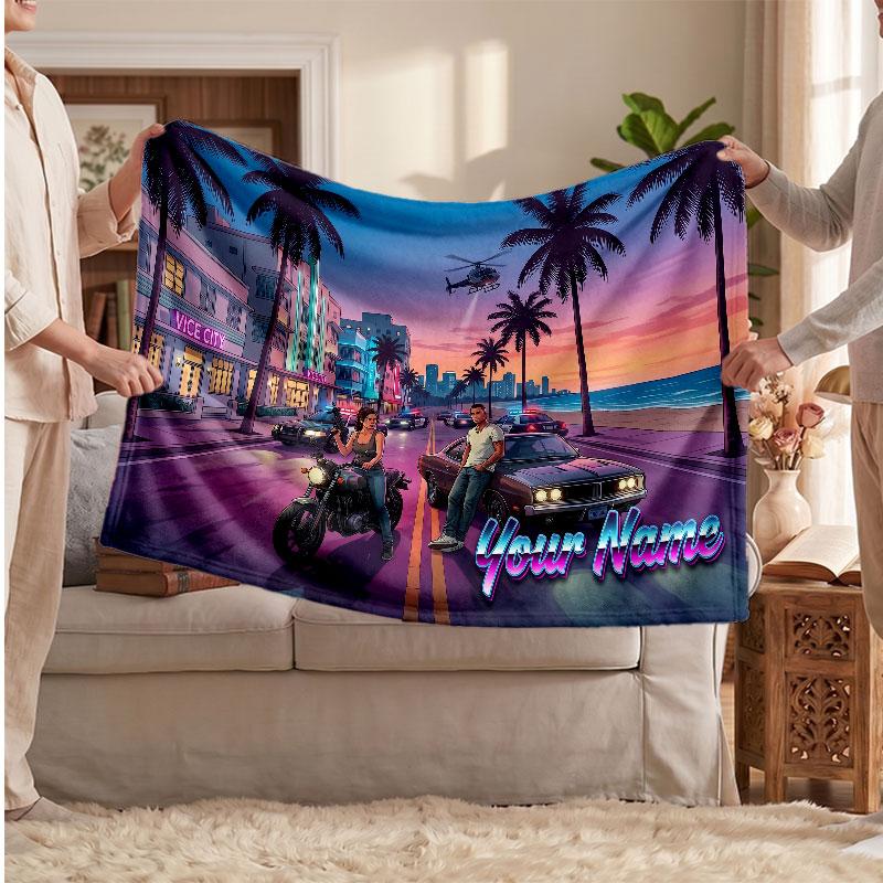 GTA Personalized Flannel Blanket, Custom Printed Text Name, Warm Soft Blanket For Couch Bed