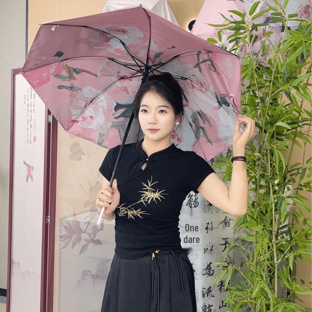 Ultra-Cool Black Double-Layer Sun Protection Umbrella for Women - Foldable & Reversible for Sun and Rain
