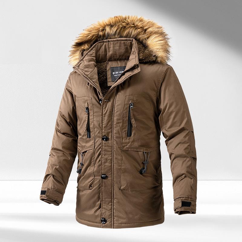 Big Fur Collar Tooling Medium and Long Cotton-padded Clothes, Washed Jackets, Men's Warm Jackets, Plush and Thickened Jackets.