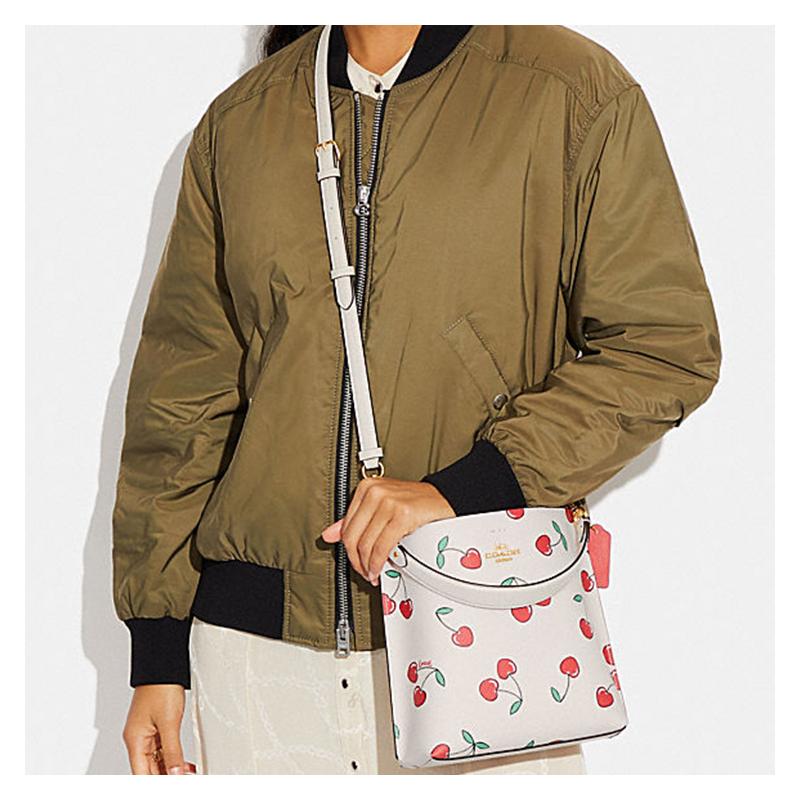 Coach Mollie Buckle Closure Heart Cherry Print Artificial Leather Bucket Bag Handbag Shoulder Bag Crossbody Bag 21 Women's White