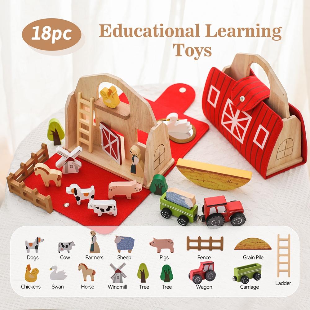 Children Montessori Toy Farm House Model Farmer Cow Hen Duck Poultry Animal Set Wooden Stacking Game Kids Educational Toy Gifts