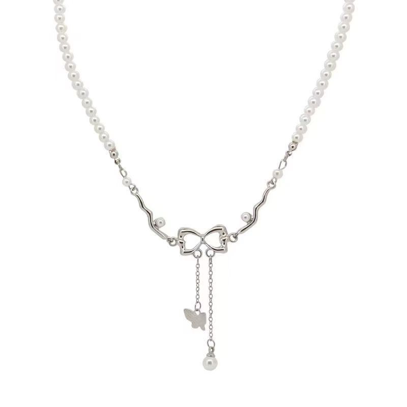 

New bow tassel pearl necklace light luxury niche design temperament collarbone chain feeling neck chain accessories