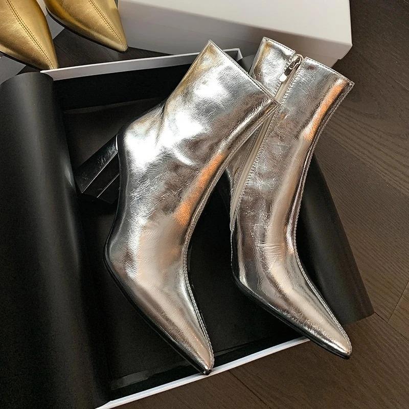 Bright Leather Block Heel Single Boots Autumn New Pointed Toe Side Zip Anti-Slip Wear-Resistant High Heels