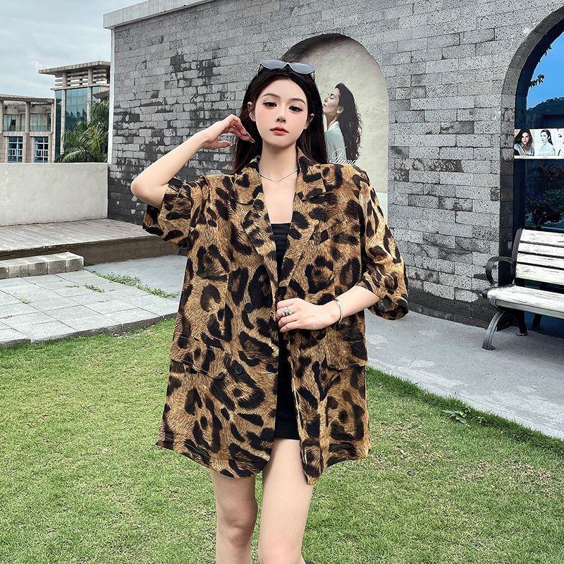 Summer Ladies Premium Retro Fashion Leopard Print Loose Short Sleeve Shirt Casual Blazer Coat Outerwear