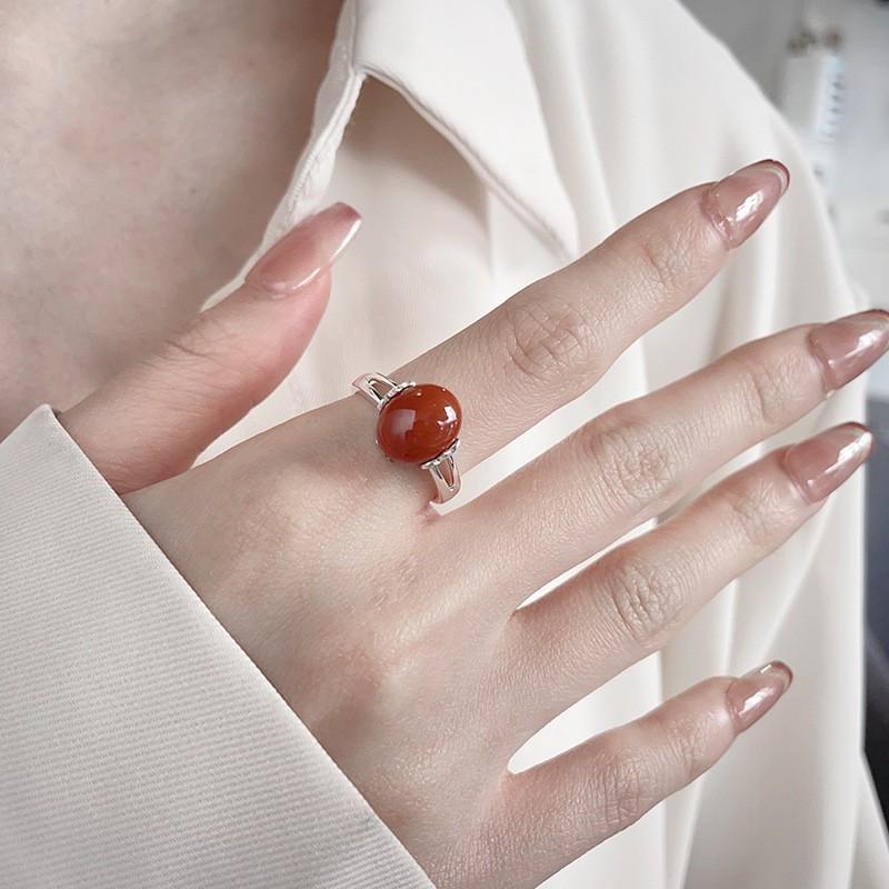 Adjustable Open Ring Women Men With Double Oval Red Agate Gemstone Vintage Chinese Style Statement Jewelry
