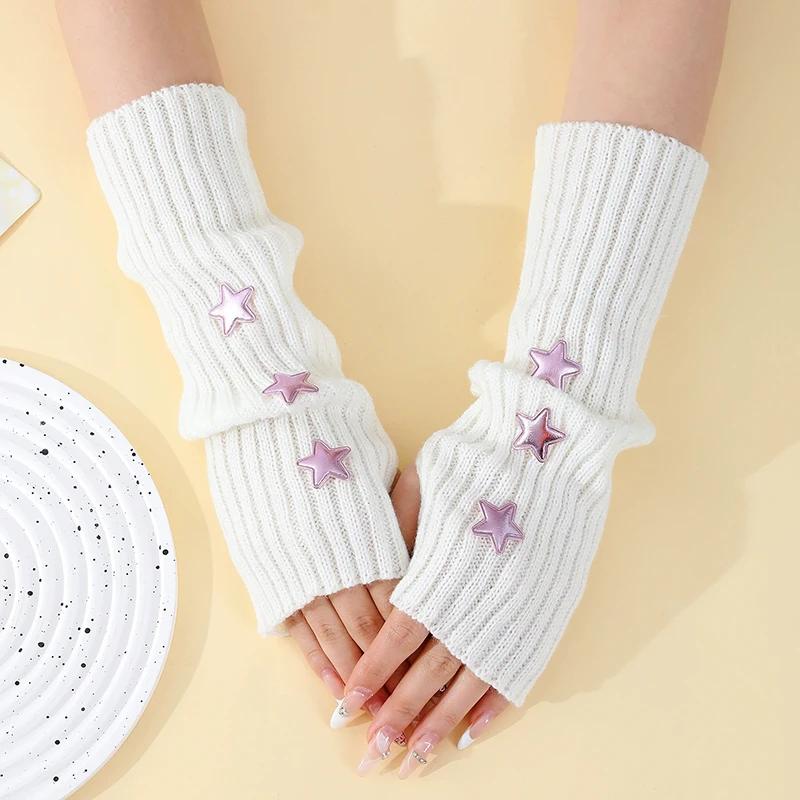 Y2K Sternhandschuhe für Frauen Mädchen Japanischer Harajuku Sweet Lolita Ärmel Herbst Winter Armstulpen Gestrickte Fäustlinge Accessoires