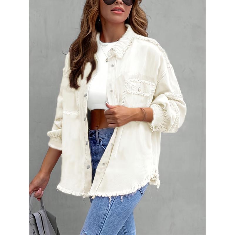 2026 European and American Style Raw Edge Ladies Casual Denim Jacket with Practical Pockets