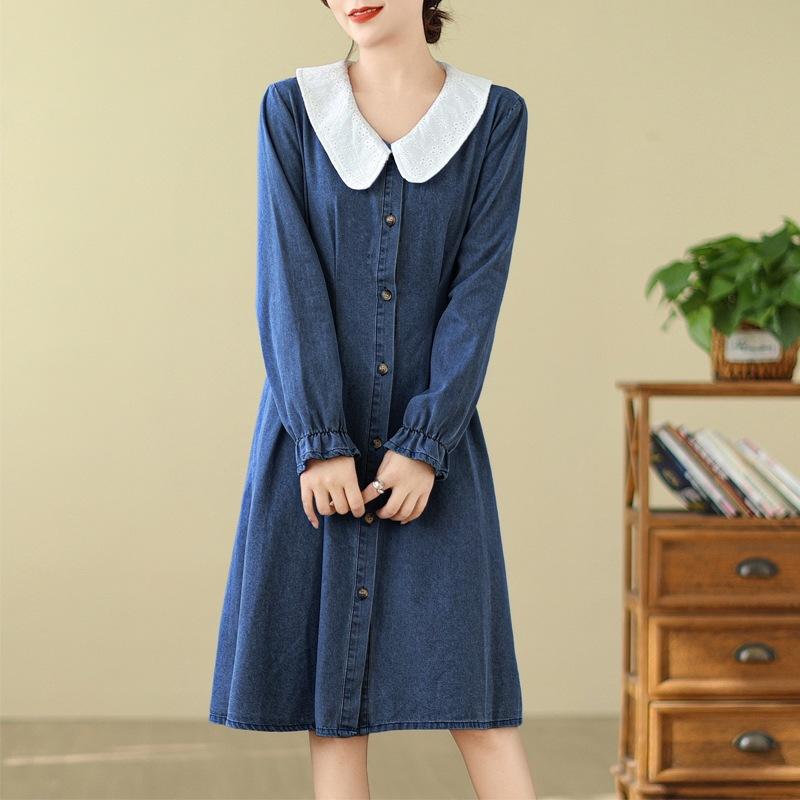 2025 Spring and Autumn New Lace Splicing Long-sleeved Denim Shirt Skirt Women's Loose and Thin Big Lapel Dress