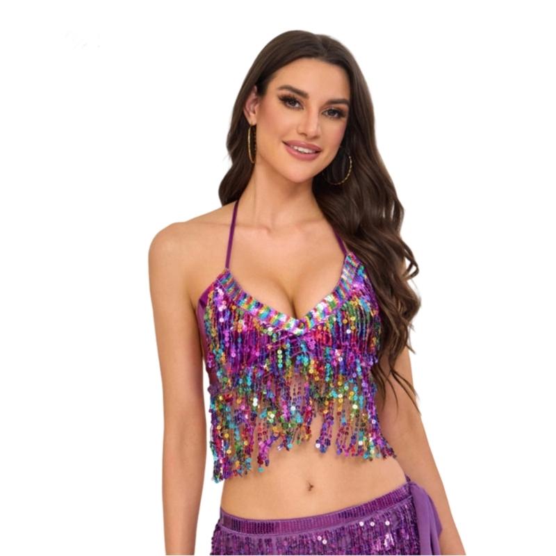 Belly Dance Bandage Glitter Bra Top with Chest Pad Women Belly Dance Costumes for Cosplay Halloween Performances Stage
