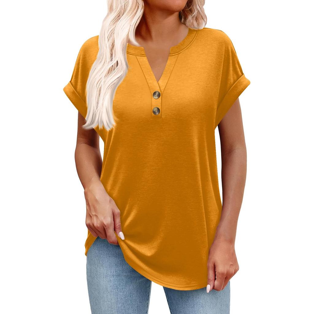 Women's Fashionable Casual Short-sleeved V-neck Button Printed Pullover Top
