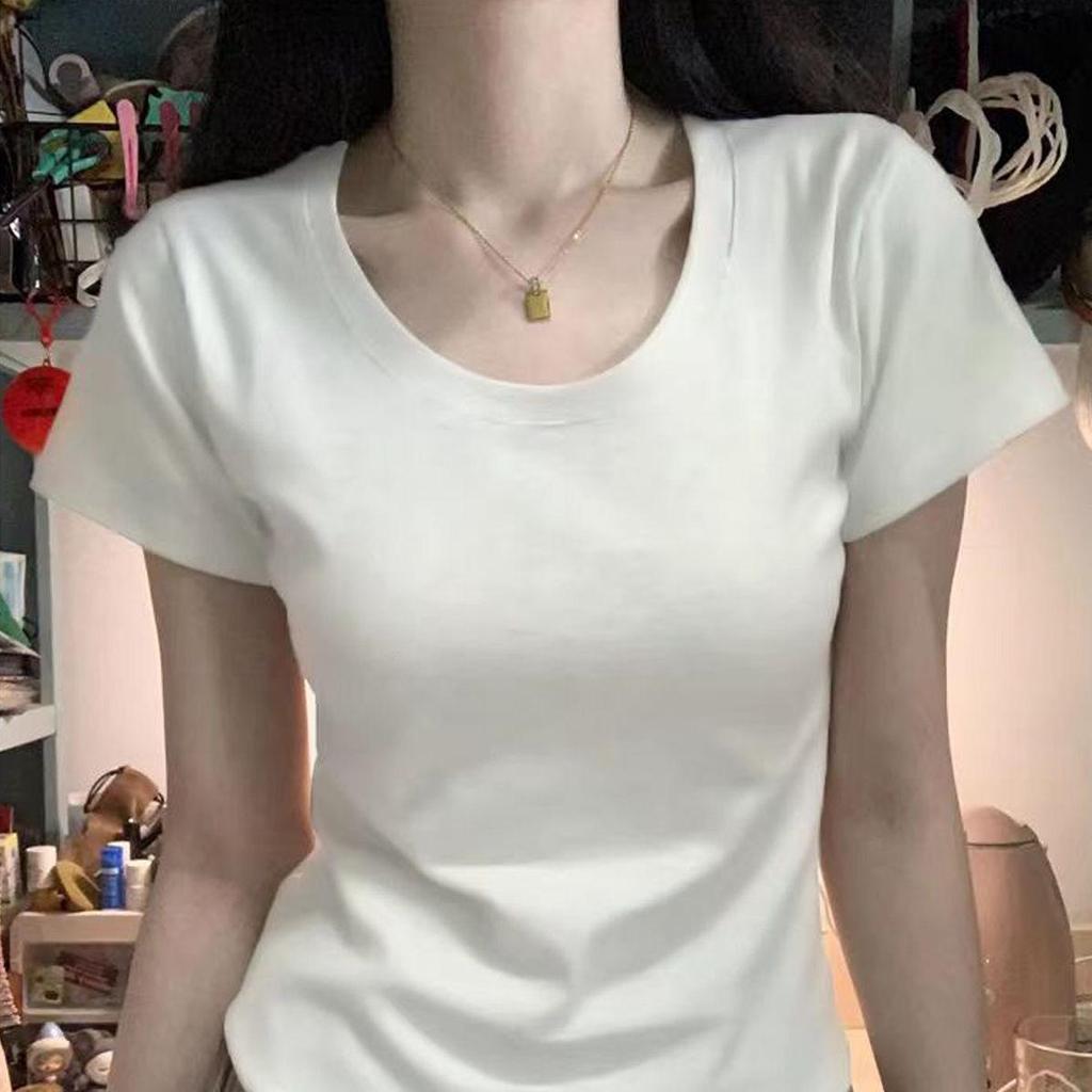 Women's American Style Slim Fit Crew Neck Cotton T-Shirt - 2026 Summer Design, Short Sleeve, Cinched Waist