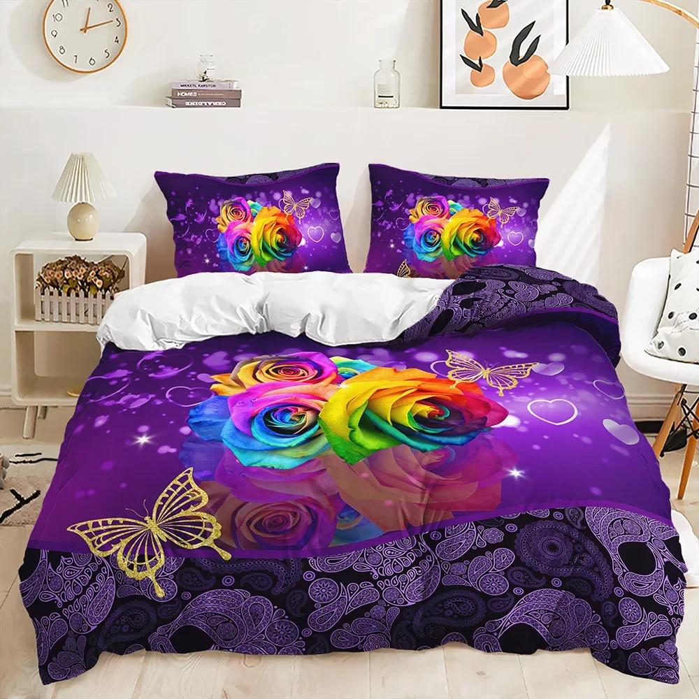 Comforter Rose Floral Romantic Flowers Bedding Set Butterfly Comforter Twin Queen For Valentine'S Day Wedding Room Decor