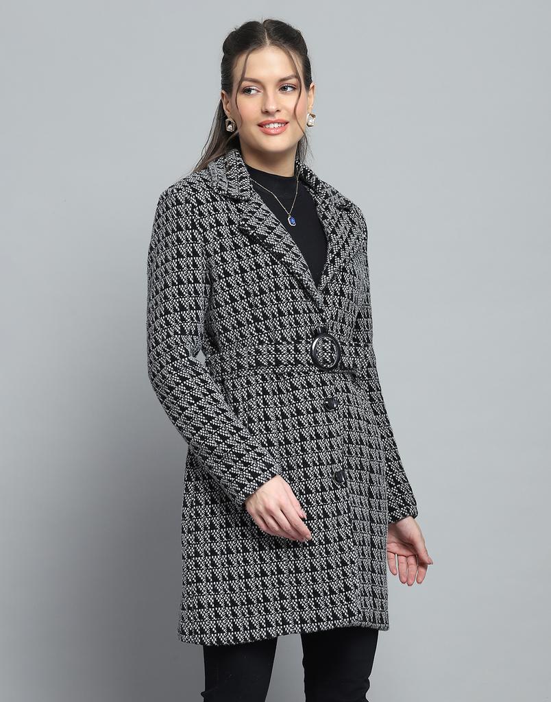 MONTE CARLO Womens Self Design Black Notch Lapel Full Sleeve Coat