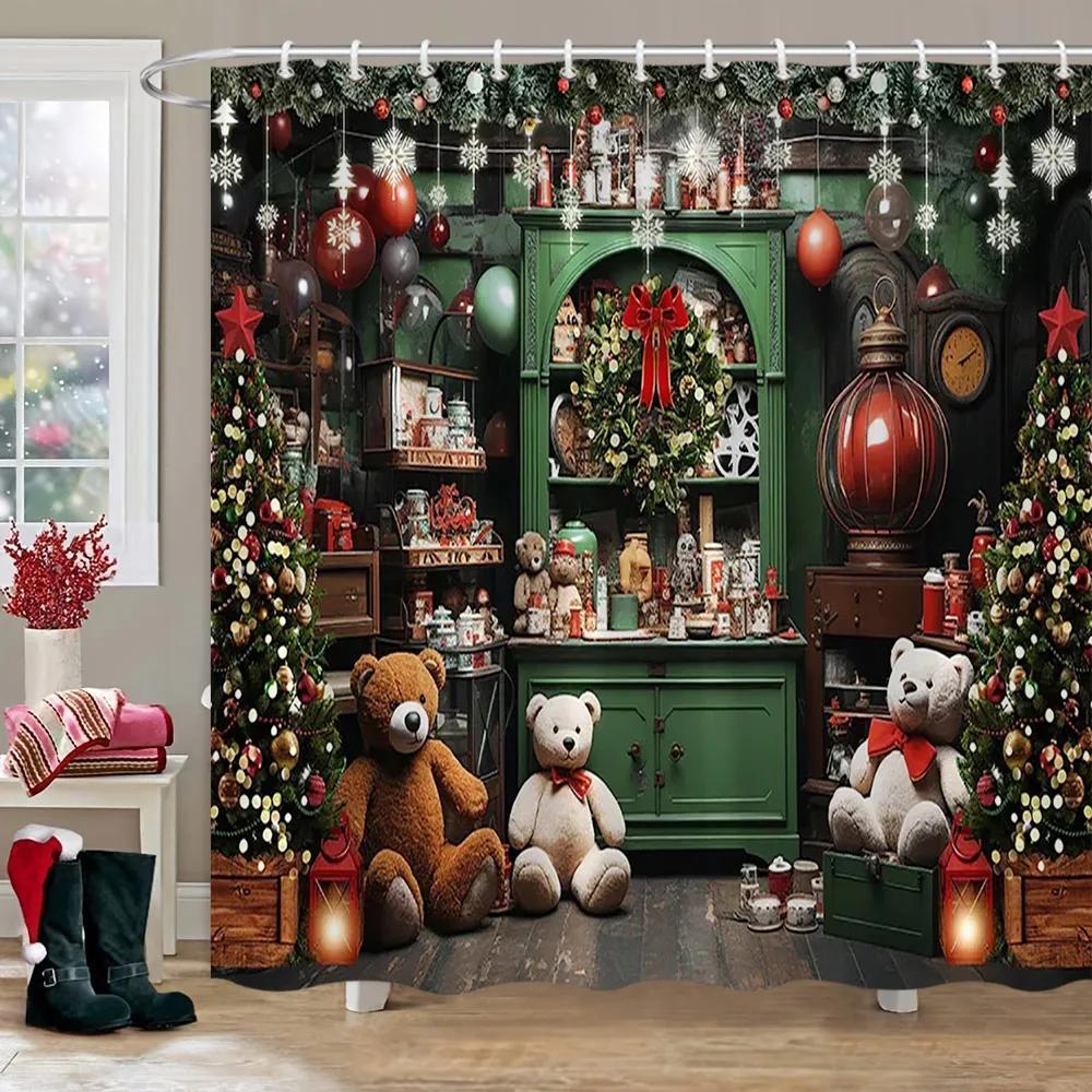 Christmas Backdrop Shower Curtain Holiday Gifts Fireplace Christmas Tree Garland Fabric Bath Curtains Bathroom Decor With Hooks