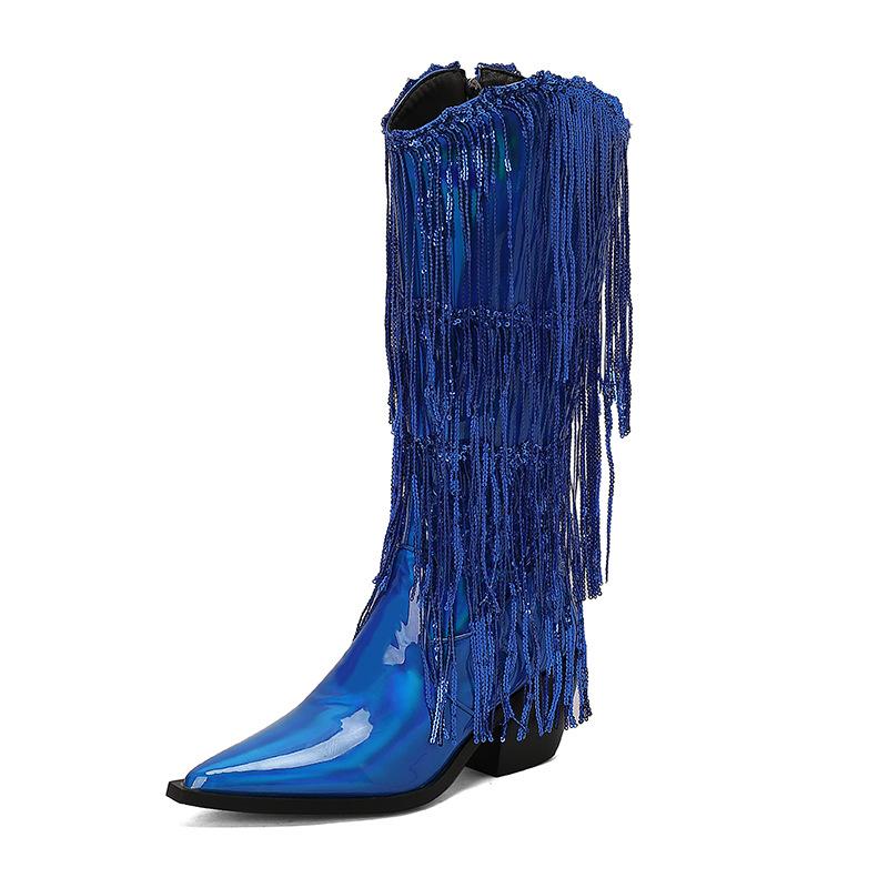 Fashion IPPEUM Fringe Cowboy Boots For Women  Mid Calf Pu Leather Size 46 Winter Knee High Western Silver Cowgirl Shoes
