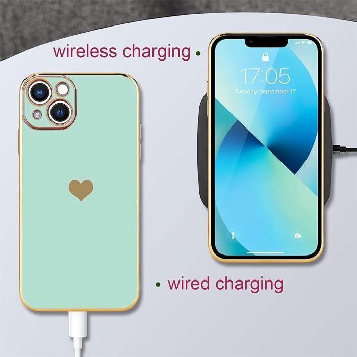 Coque de Protection - BOOLING - pour iPhone 13 Pro - Turquoise - Lot de 2 Verres Trempés - Motif Cœur Mignon