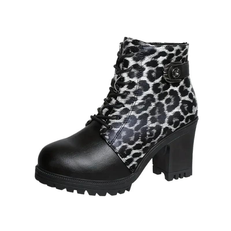 Round Toe Spring/autumn Modern Boots High Heel Square Heel Ladies Shoes On Sale 2025 Fashion Leopard Zip Women's Boots