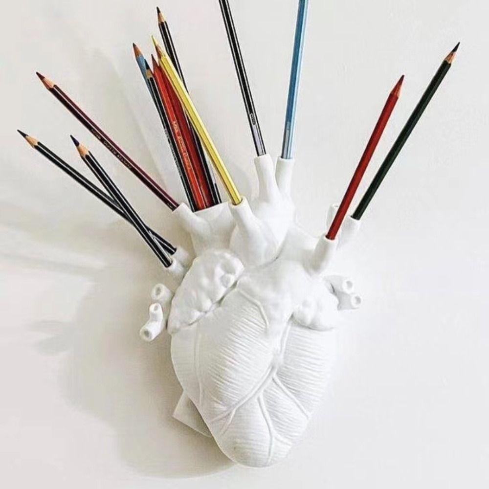 Resin Heart Shaped Vase Multiple Sockets White/Red Desktop Flower Pot Sculpture Design Dried Flower Container