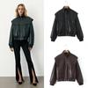 Womens Vintage Inspired Bomber Jacket PU Leather Long Sleeve Loose Fit Streetwear Outerwear