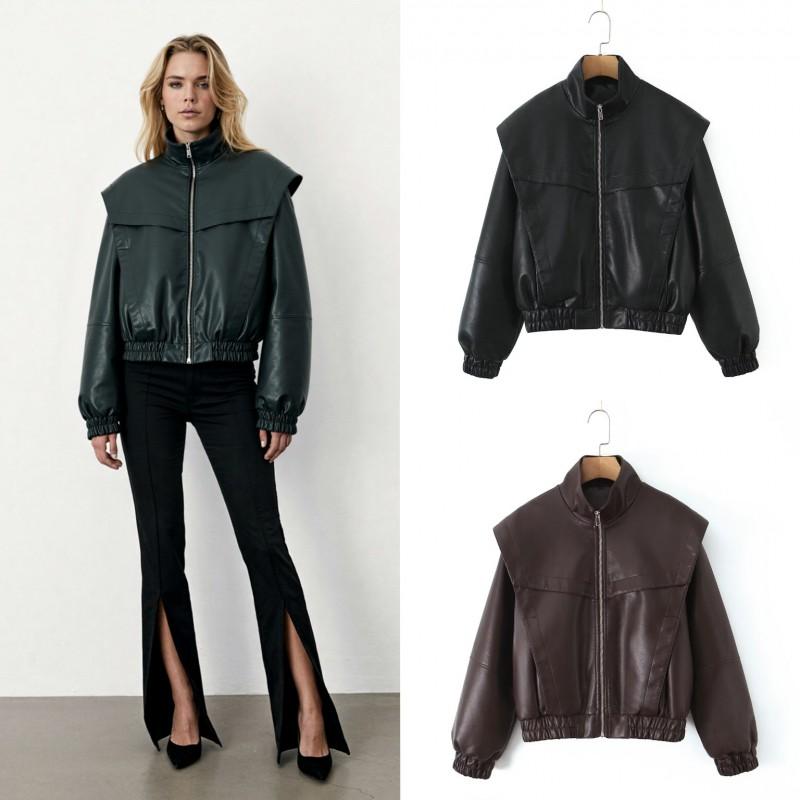 Womens Vintage Inspired Bomber Jacket PU Leather Long Sleeve Loose Fit Streetwear Outerwear