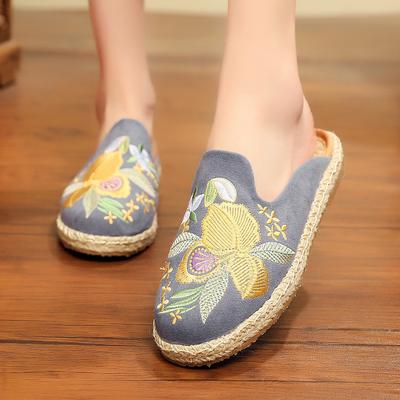 Damen Bestickte Ethno-Stoff-Slipper Nationaler Stil Bequem Stilvoll Leicht Flache Sandalen Lässige Outdoor-Schuhe