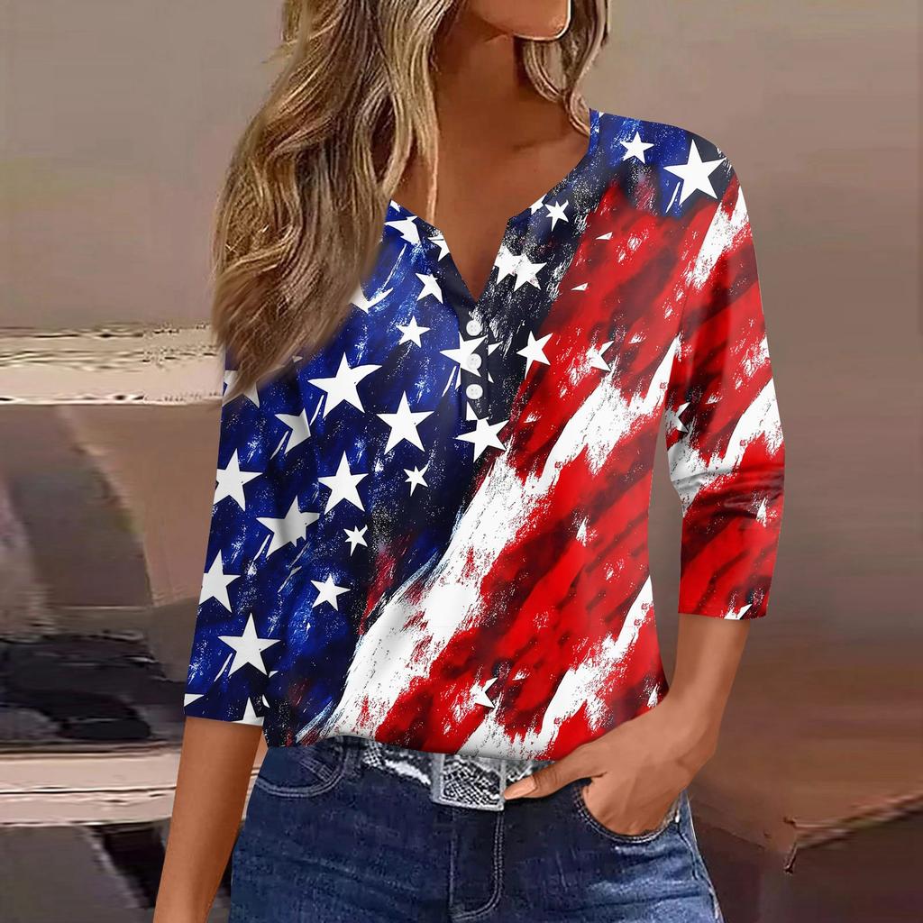 Women's T Shirt Independence Day Print Button 3/4 Sleeve Daily Weekend Fashion Basic V- Neck Regular Top