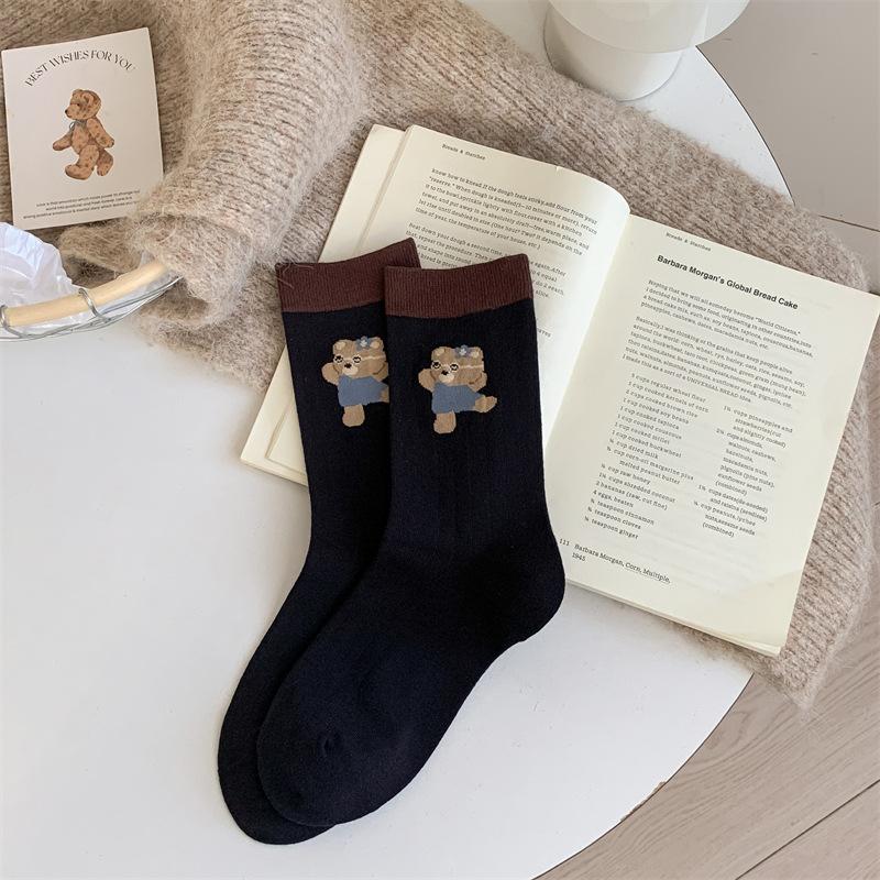 Female Spring and Autumn Polka Dot Striped Cartoon Bear Cloth Logo Collision Color Tube Pile Socks