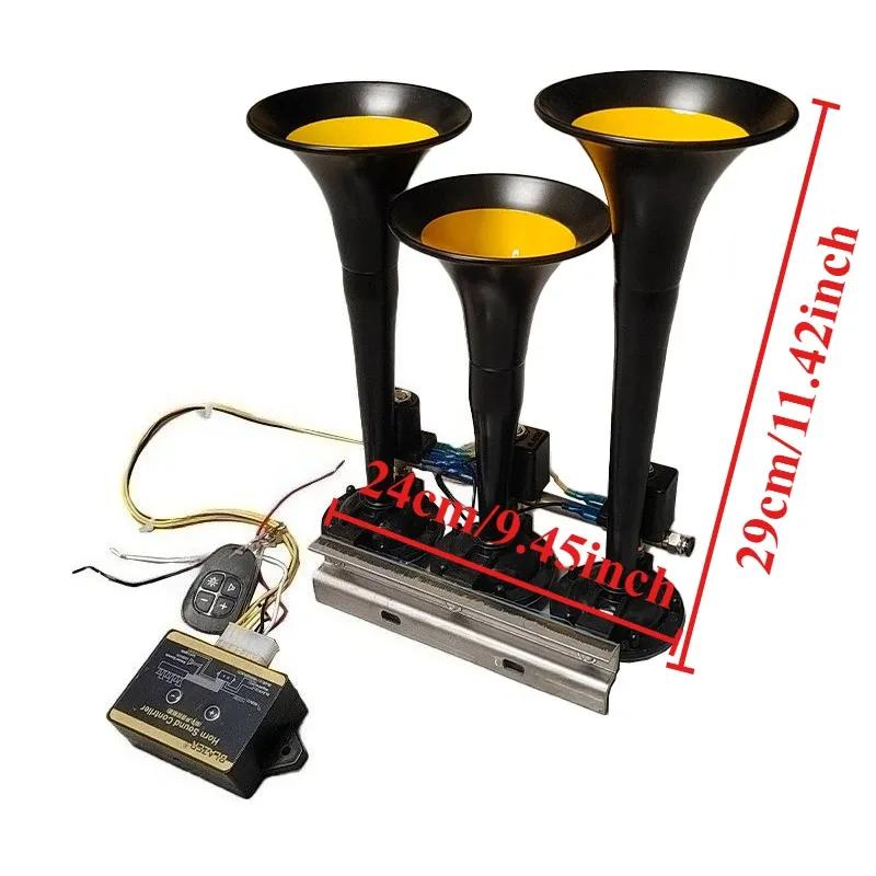 LED 125DB Air Horn 12/24V 15-tone 3-Tube Modification Truck Train Trailer Loud Electric Horn Solenoid Valve Loud Speaker Siren