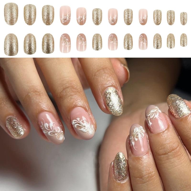 24 Pcs Sweet Flowers False Nail Fashion Artificial Nail Glittering Full Cover Stick on Nail Short Oval Press On Nail