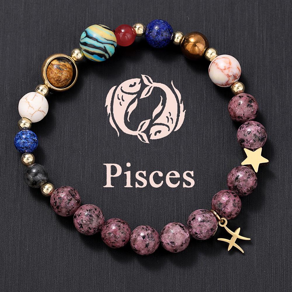 European American Zodiac Basalt Beaded Bracelet with Eight Planets