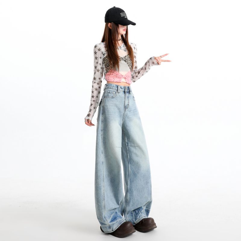 Early Spring Distressed High Street Vintage Design Relax Wide Leg Short Saber Cut Denim Pants For Ladies Casual Pants Oversize Denim Trousers
