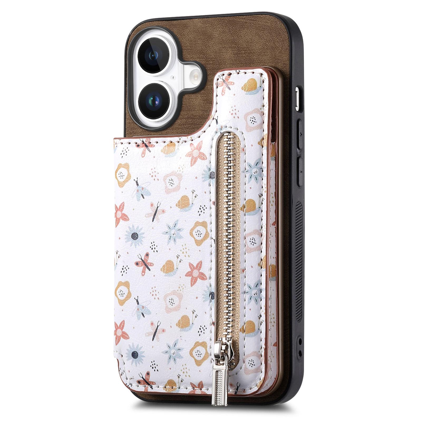 

D10 For iPhone 16 Case Pattern Kickstand Wallet Leather+TPU Phone Cover RFID Blocking Brown
