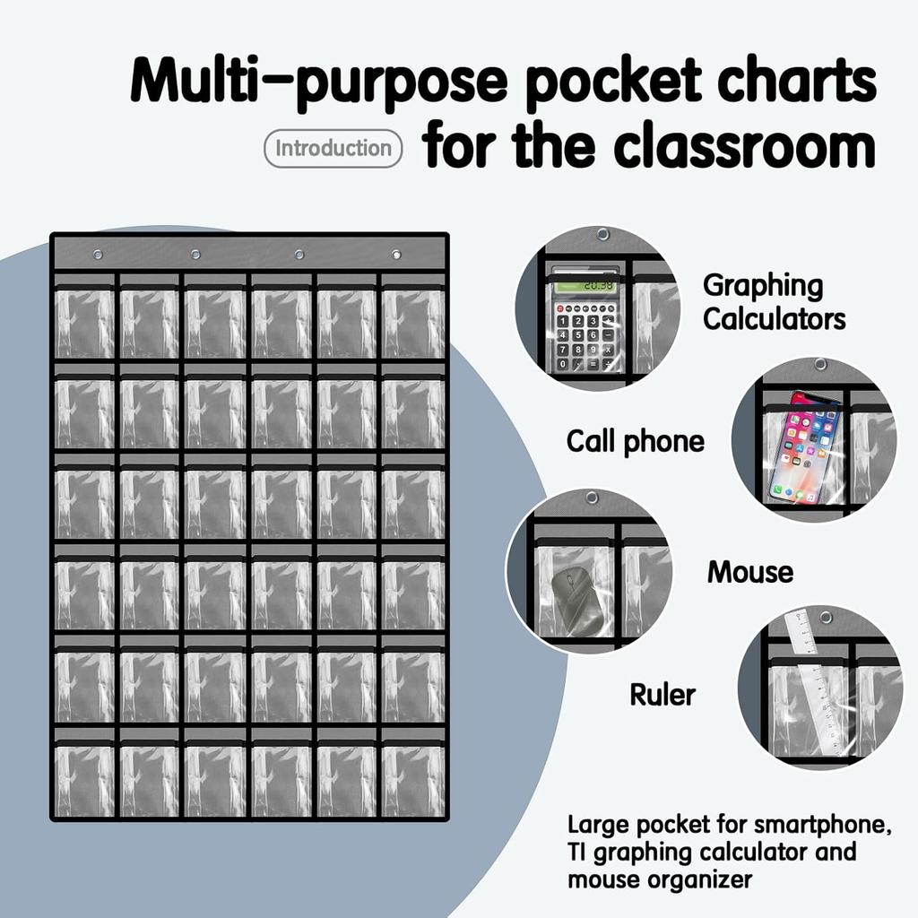 36 Pocket Charts for Classroom Cell Phones, 36 Clear Pocket Charts with Numbered Stickers, Classroom Hanging Cell Phone Organizer, Hangs on Wall,