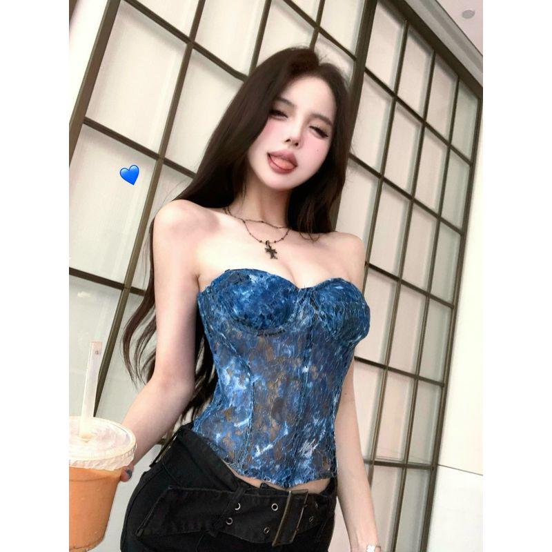 Kumikumi Design Sense Blue Tie-dye Fishbone Tube Top Vest Women Summer Niche Temperament Lace Sleeveless Top