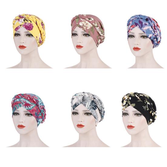 Women Headwrap Flower Print Braid Lady Stretchy No Brim Indian Hat for Four Seasons
