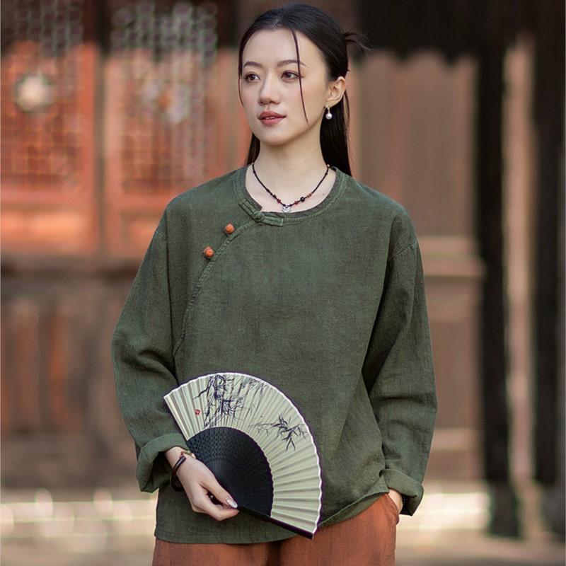 Johnature Dames Vintage T-shirts Lente Chinese Stijl Tie-dye T-shirts Ronde Hals Lange Mouw Dames T-shirts