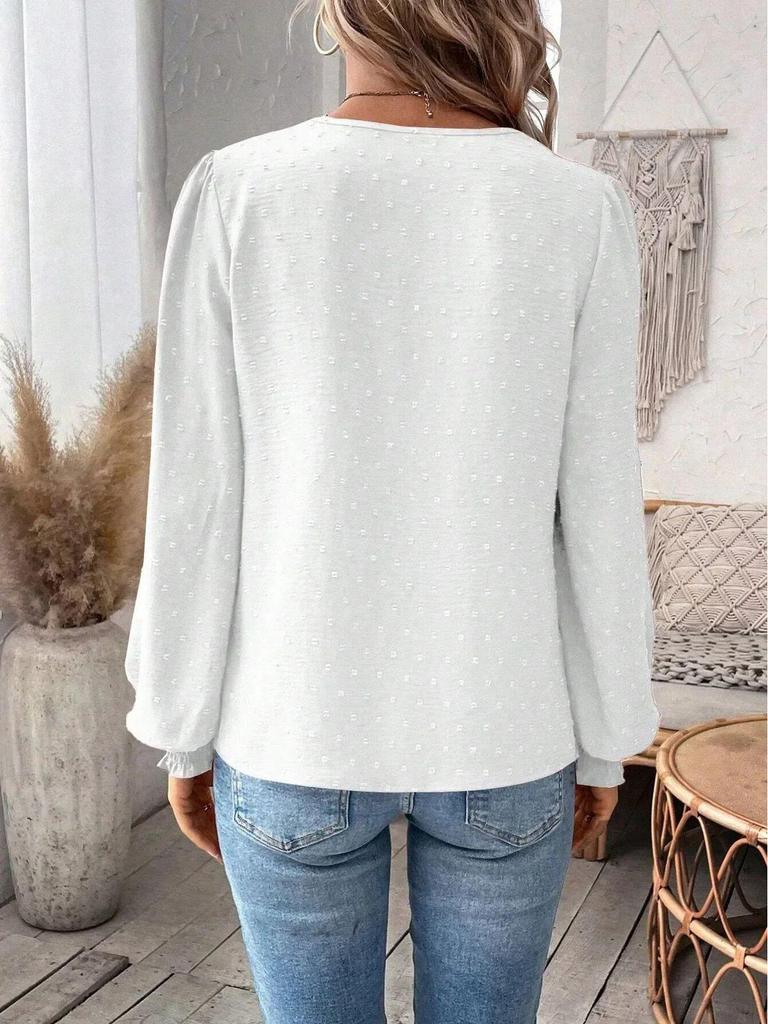2024 Women's V-Neck Lace Solid Color Long-Sleeve Casual Top for Autumn and Winter.