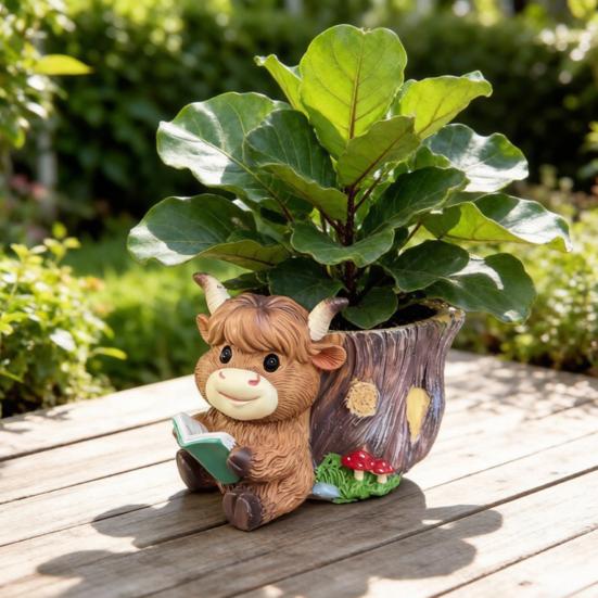 Highland Cow Planter Pot Cute Animal Resin Flower Pot with Drainage Hole Small Scottish Cow Planter for Boho Home Desk Patio Decor