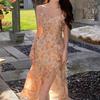 ruffle leaf edge v-neck floral dress girlish suspender dress women's summer new niche split-ended medium and long dress