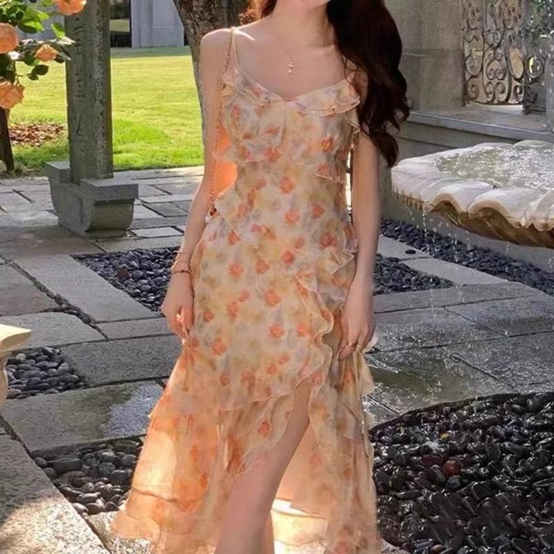ruffle leaf edge v-neck floral dress girlish suspender dress women's summer new niche split-ended medium and long dress