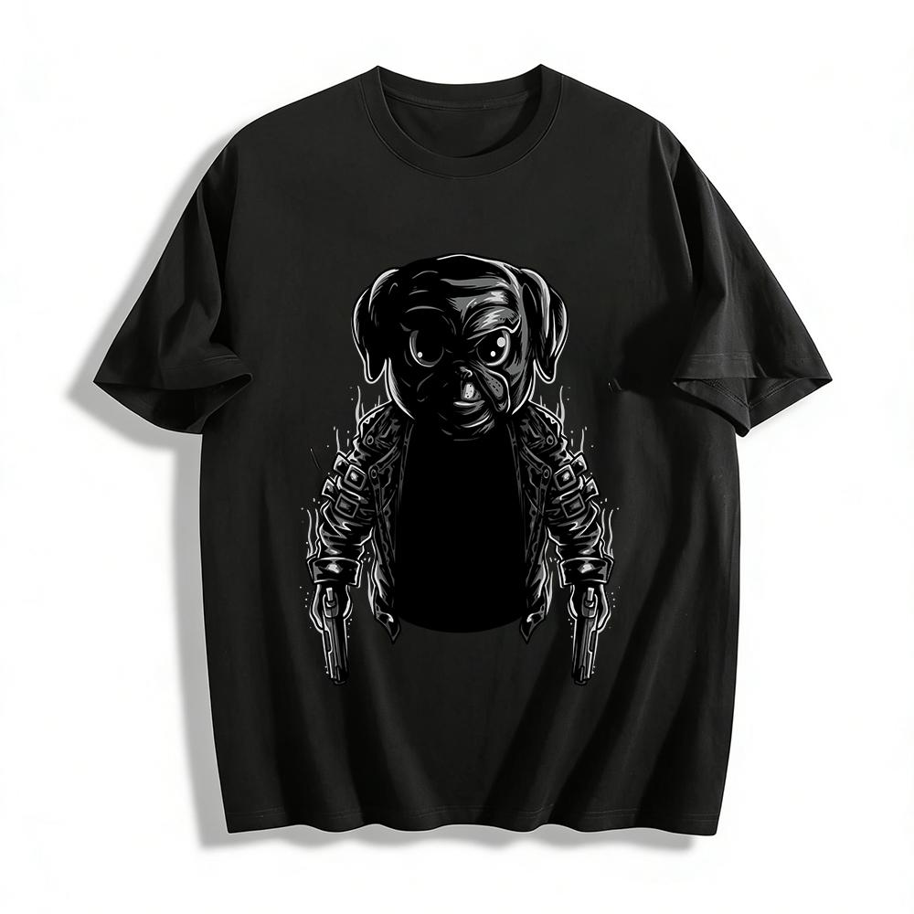 Cool Badass Pug With Guns Graphic Trendy Casual Top Pure cotton T-shirt XXS