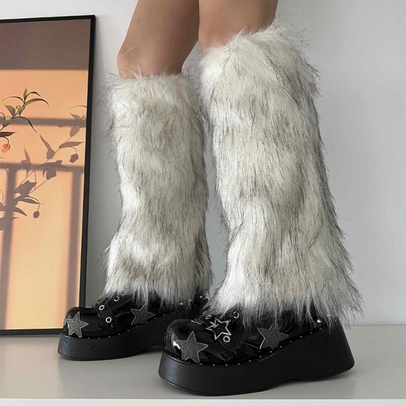 Fuzzy Faux Furs Leg Warmers Furs Heels Long Boots Cuffs Cover Has Elastic One Pair Carnivals Boot Cover Y2K JK Uniform