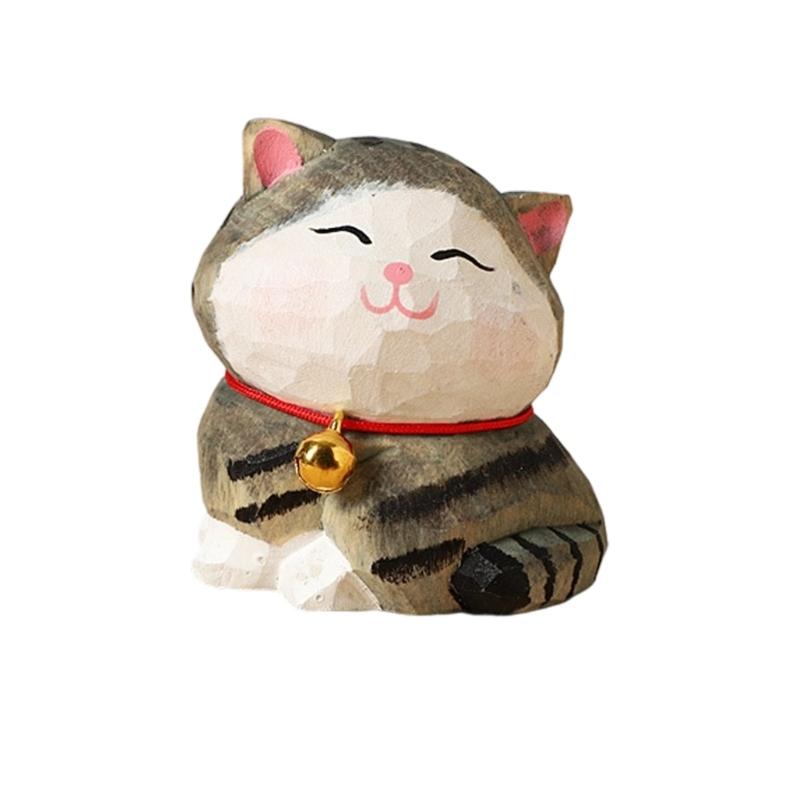 Hand Carved Cats Figurine Wood Miniature Home Decoration Sculpture Cats Figurine Retro Desk top Statue