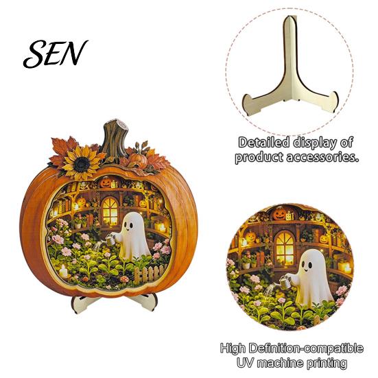Solid Wood Autumn Home Accents Halloween Ghost Pumpkin Tabletop Sign, Wooden House with Mini Tiered Tray Ornaments Scene, Fall Harvest Desktop
