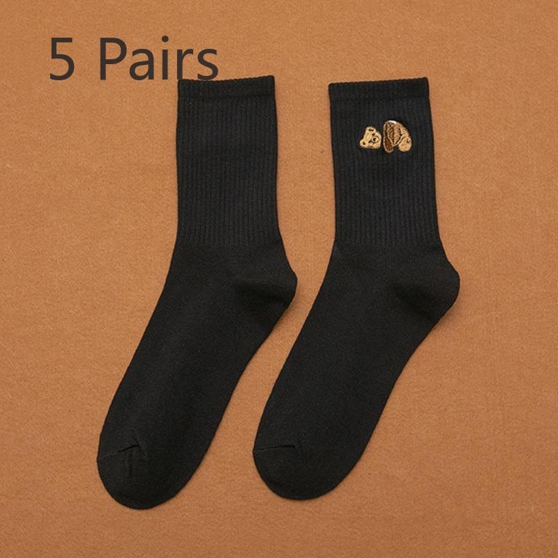 5 пар женских вышитых спортивных однотонных чулок с медведями 5 Pairs чёрный