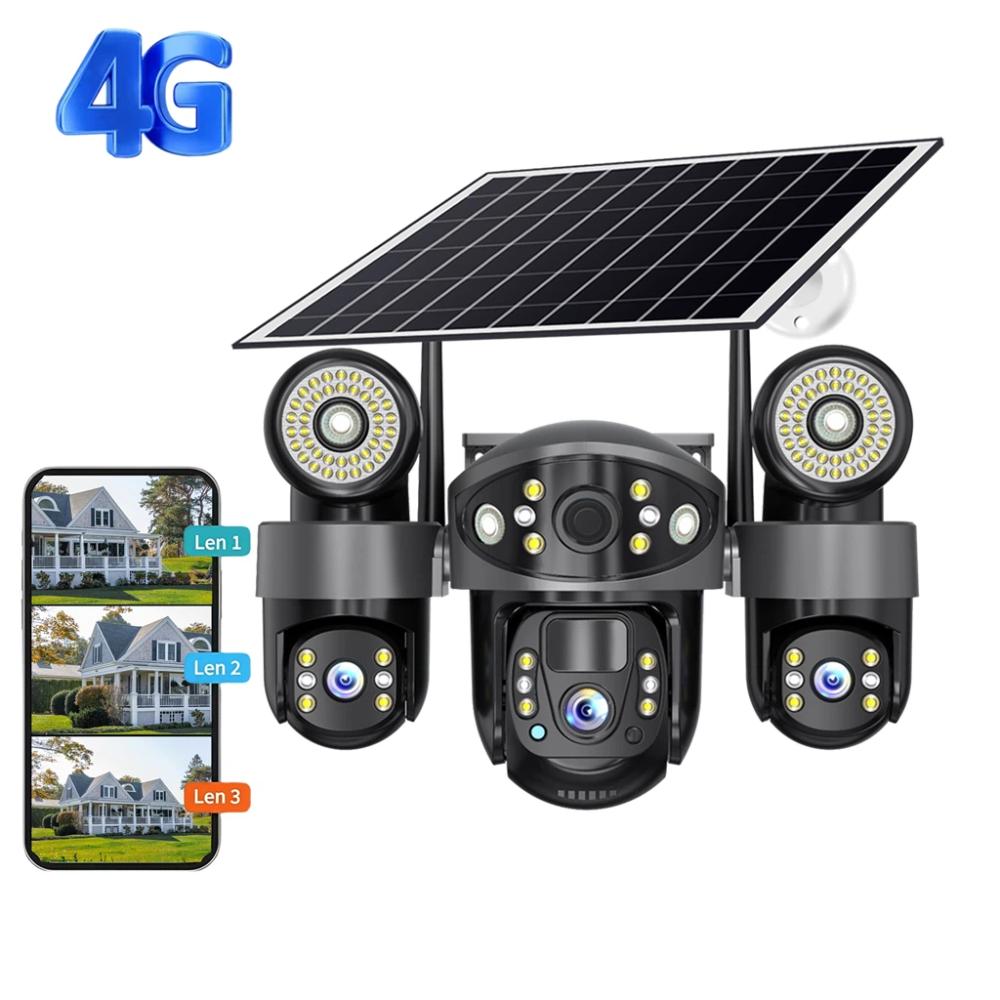Kamera CCTV 2 w 1 zasilana energią słoneczną, potrójny obiektyw ze światłem LED do widzenia w nocy, bezprzewodowa kamera IP sieci WIFI/4G.
