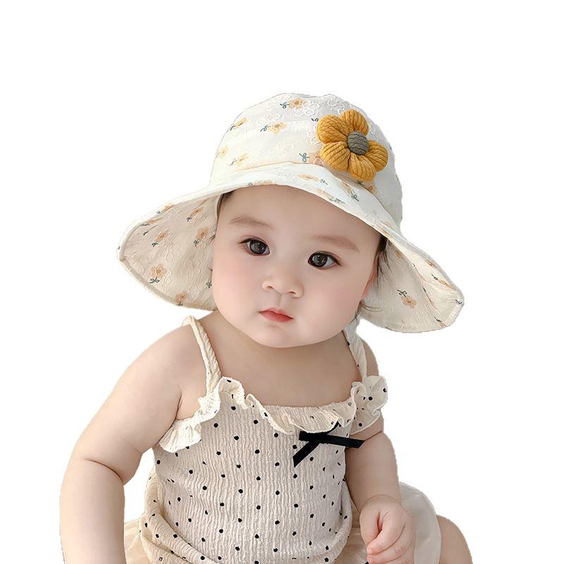 Baby Girls' Wide Brim Sun Hat with Small Flower Print - Breathable, Open Top Summer Protection