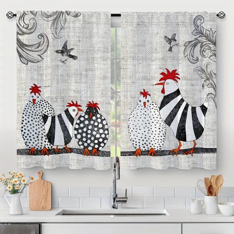 

2 Pieces - Retro polka dot chicken abstract art pattern printed curtains window decorations home decorations room decorations 100*130 HOOK 1pcs